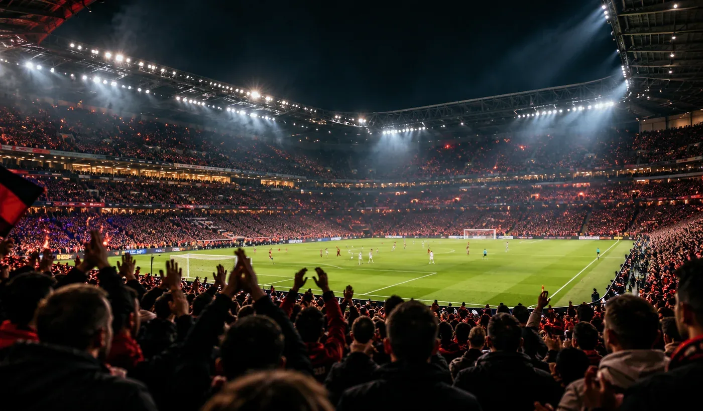 Real photograph of a football stadium under floodlights